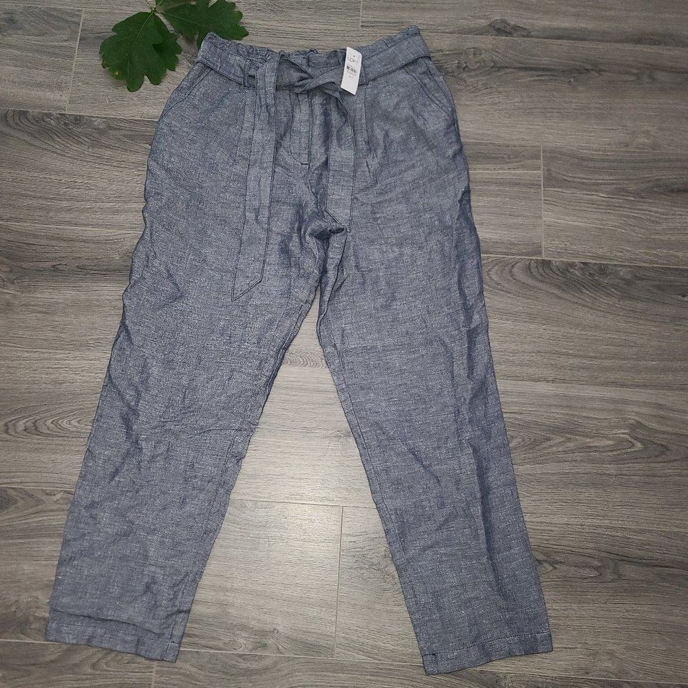 NWT LOFT size MT Linen blend Paperbag waist belted Pants Straight leg Chambray
